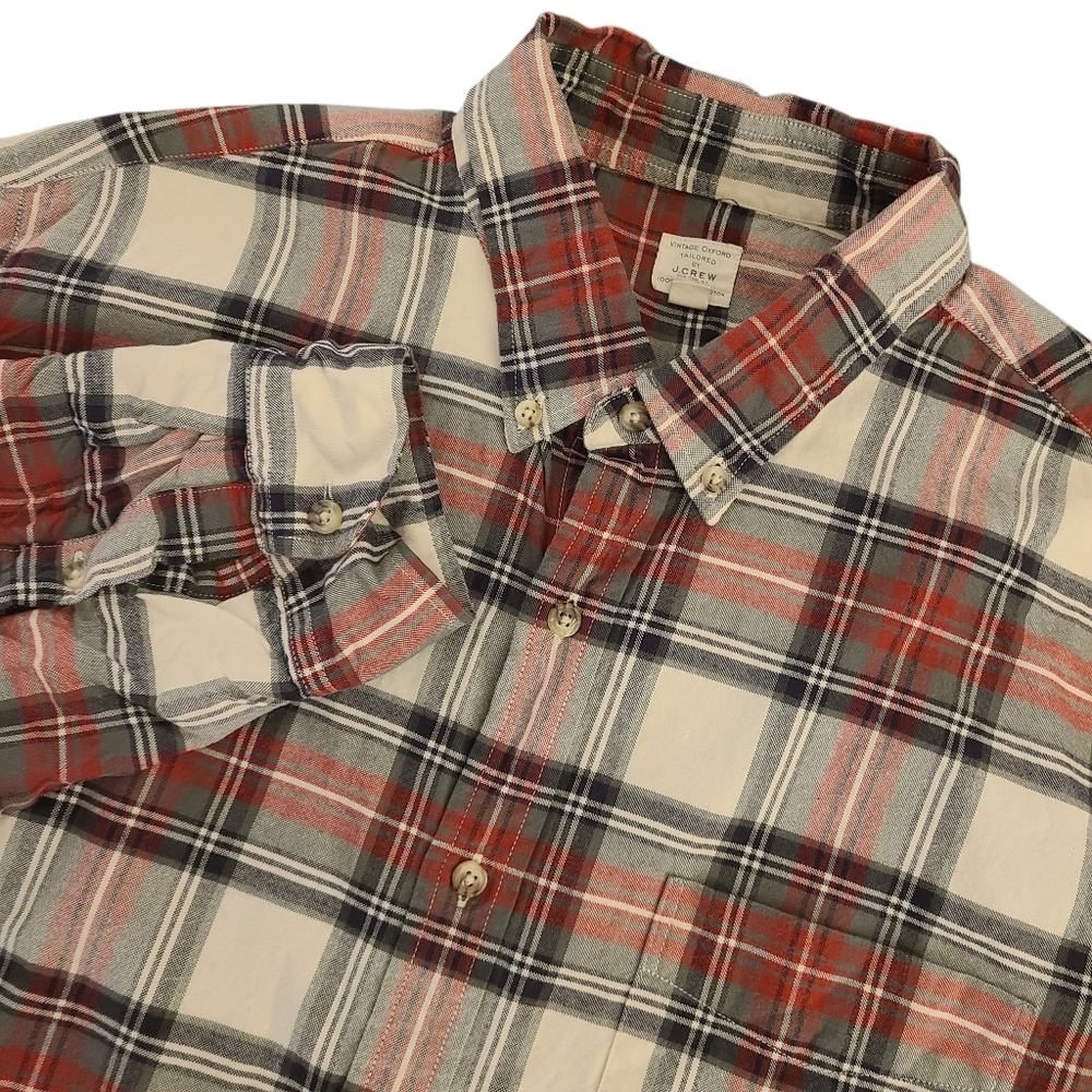 J.Crew Men's Large Vintage Oxford Long Sleeve Marroon And Cream Plaid Flannel